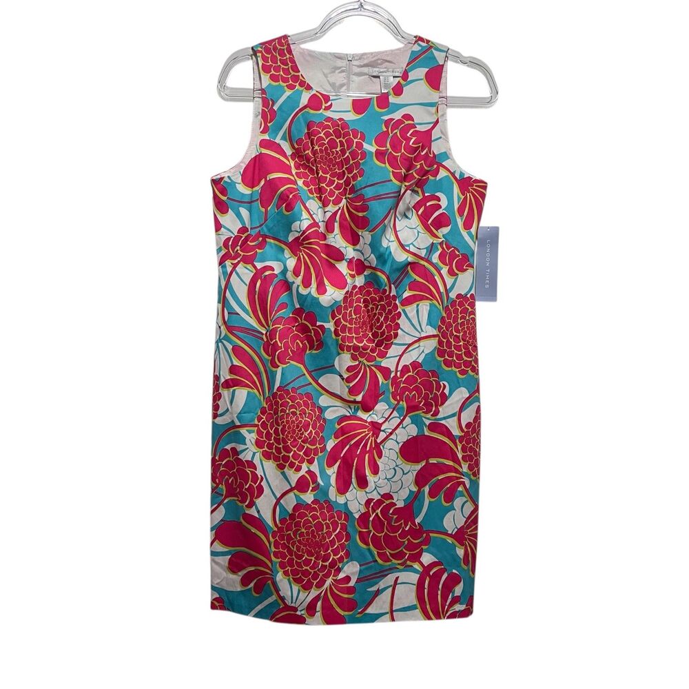 London Times Women's Size 10 Sleeveless Sheath Dress Aqua Pink Floral NWT